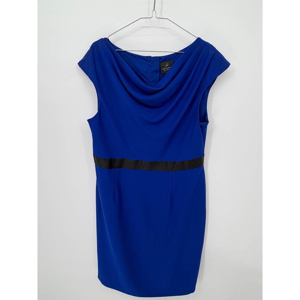 Adrianna Papell Womens Sheath Dress Cowl Neck Faux Leather Trim Blue 14